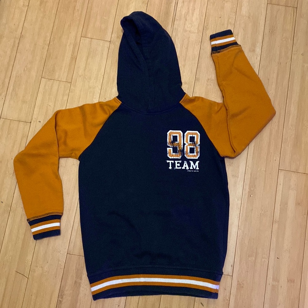 Navy and orange hooded sweatshirt, European size 146/152 (US size 11-12 years)